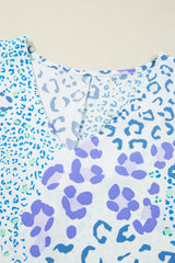 Light Blue Leopard Print V-Neck Plus Size Blouse
