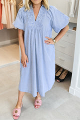 Sky Blue Striped Shirred Collar V-Neck Plus Size Midi Dress
