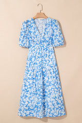 Sky Blue Floral V Neck Puff Short Sleeve Flowy Maxi Dress