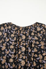 Floral Smocked V Neck Bubble Sleeve Babydoll Mini Dress