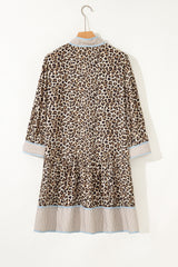 Khaki Leopard Print striped Trim V-Neck Drop Waist Plus Size Mini Dress