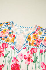 Pink Floral Striped Trim V-Neck Plus Size Blouse