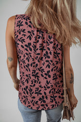 Brown Leaf Print Lace-up V Neck Crinkled Blouse