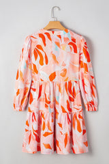 Orange Abstract Print Split Neck Long Sleeve Mini Dress