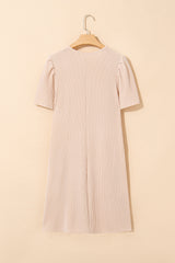 Corded Knit Crew Neck Puff Sleeve Shift Mini Dress