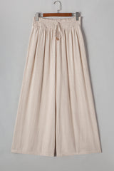 Beige Frill Smocked Waist Wide Leg Plus Size Pants