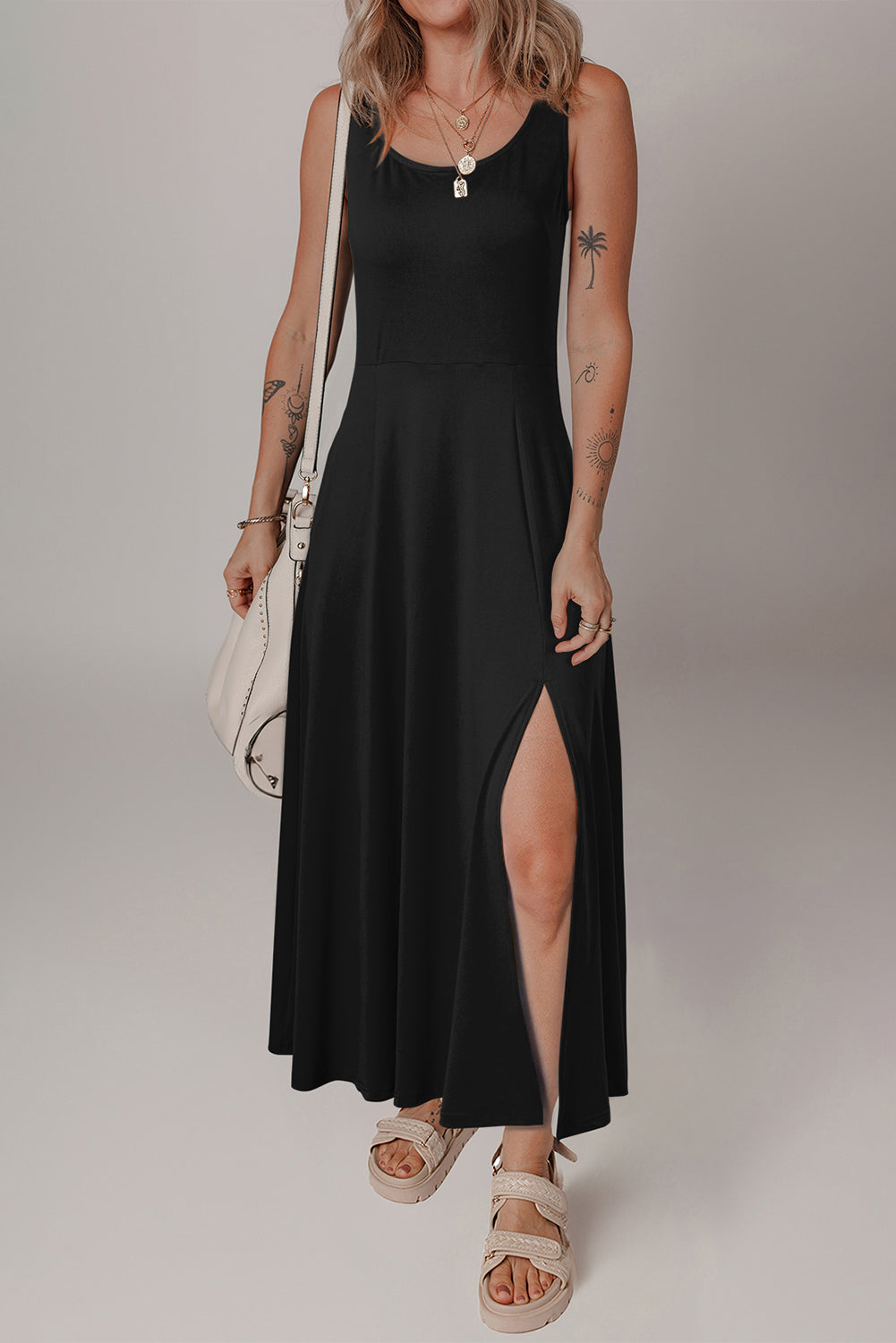 Sleeveless Scoop Neck Flared Split Maxi Dress