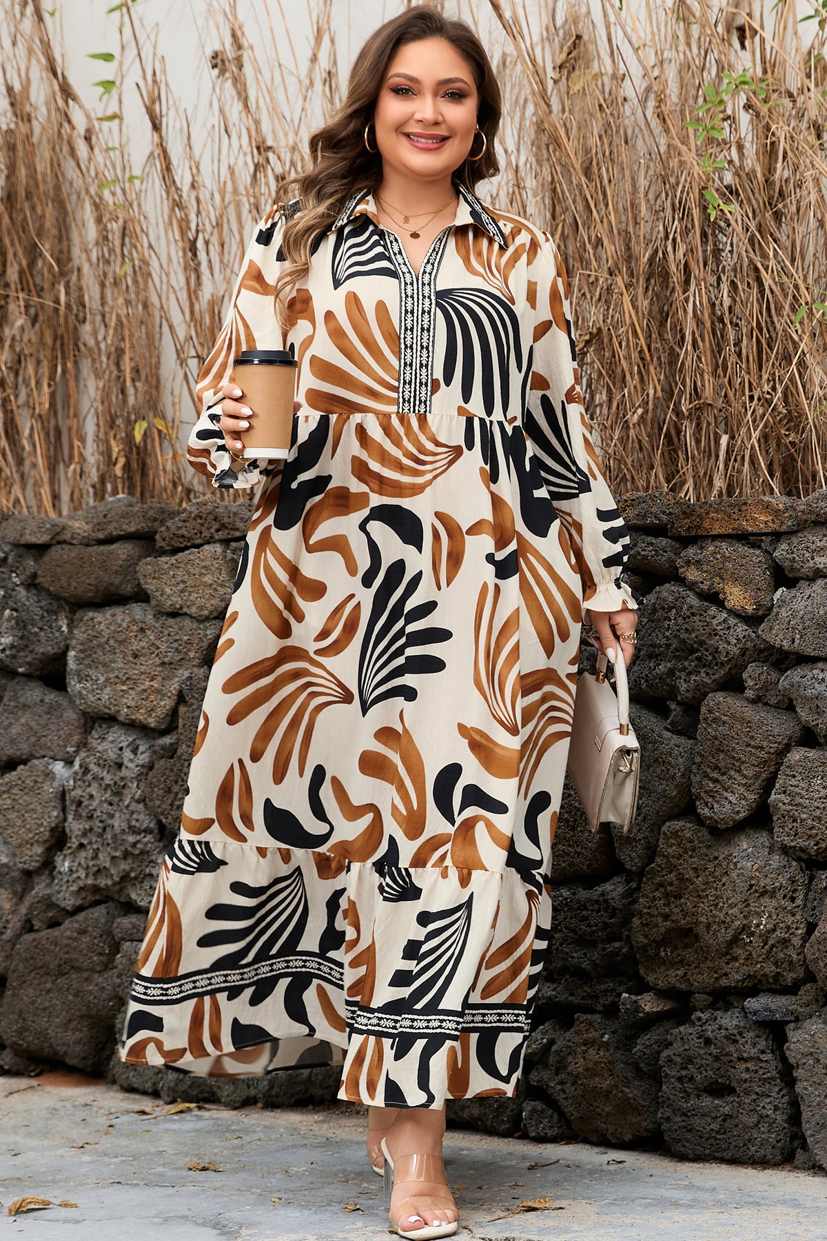 White Abstract Print Contrast Collar Maxi Plus Size Dress