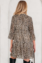 Khaki Leopard 3/4 Sleeve V Neck Swing Mini Dress