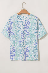 Light Blue Leopard Print V Neck short sleeve Blouse