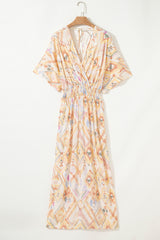 Multicolour Geometric Shirred High Waist Maxi Dress