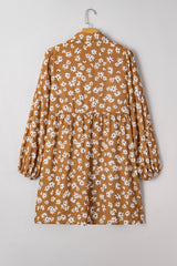 Khaki Daisy Print Puff Sleeve Mini Plus Size Dress