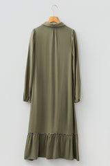 Collared V Neck Smocked Detail Contrast Leopard Trim Midi Dress