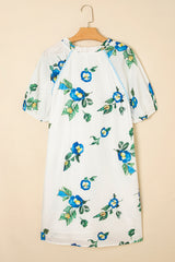 White Floral Puff Sleeve V Neck Plus Size Mini Dress