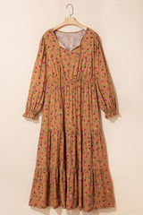 Brown Floral Tiered V-Neck Ruffled Sleeve Plus Size Maxi Dress