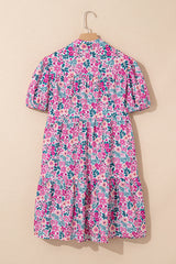 Pink Floral Collared Half Placket Mini Dress