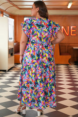 Blue Geometric Print Tiered Ruffle Sleeve Plus Size Maxi Dress