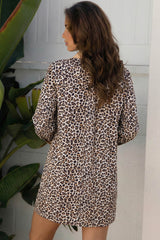 Multicolour Button Striped Collar Leopard Print Long Sleeve Flared Mini Dress