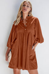 Corduroy Snap Buttons Empire Waist Bracelet Sleeve Mini Dress