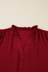 Burgundy Notched Neck Shirred Cuff  Blouse