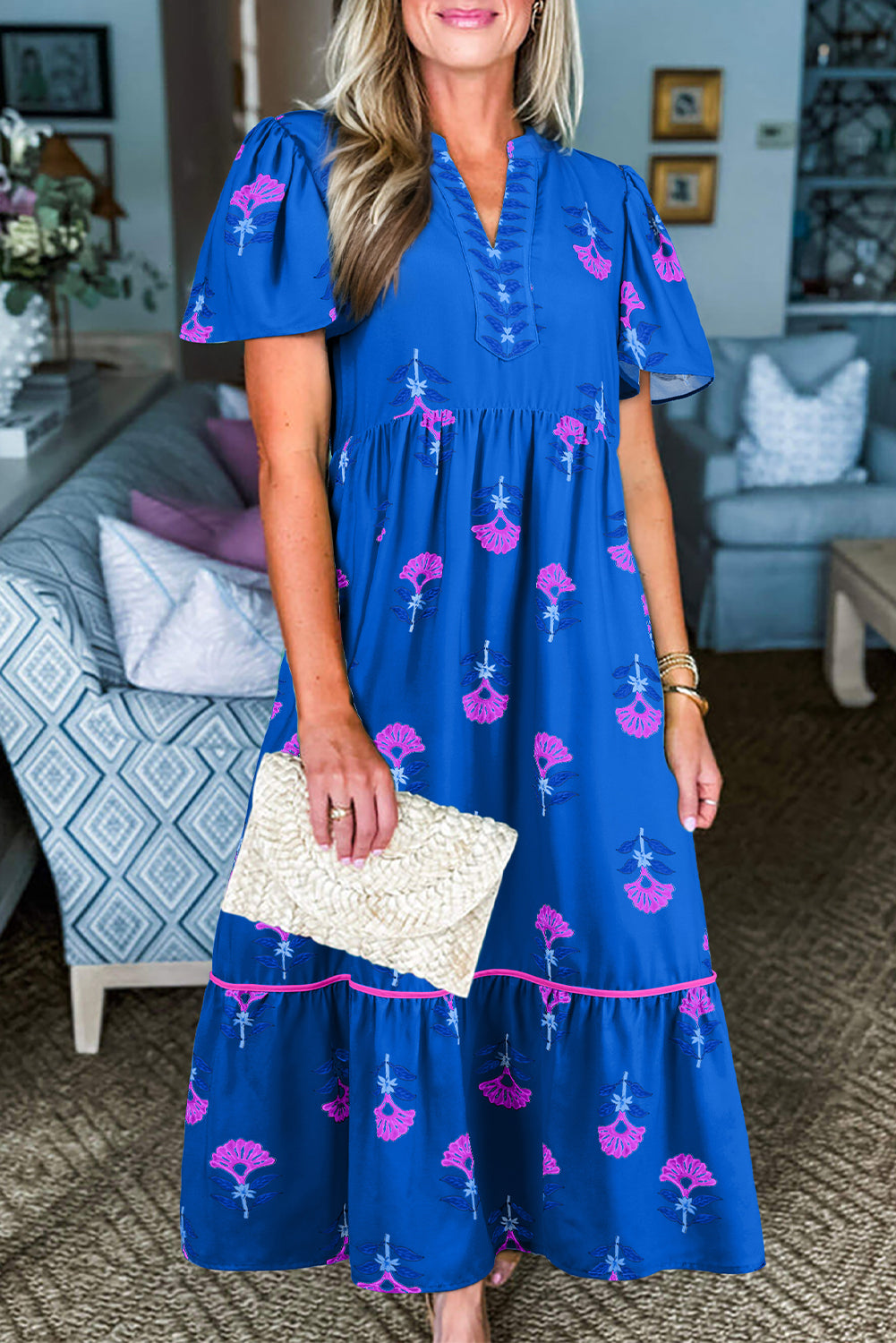 Blue Floral Print Notched Neck Butterfly Sleeve Shift Maxi Dress
