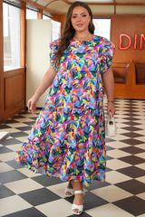 Blue Geometric Print Tiered Ruffle Sleeve Plus Size Maxi Dress