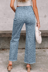 Leopard Frayed Hem Wide-Leg Jeans