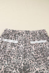 Khaki Leopard Print Raw Edge Patch Pocket Drawstring Plus Size Loose Pants