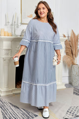 Sky Blue Striped Lace-Detail Plus Size Maxi Dress
