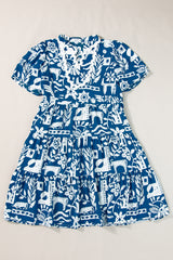 Blue Ricrac Trim Split Neck Floral Loose Mini Dress
