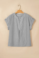 Black Stripe V-Neck Roll-Tab Dolman Sleeve Plus Size Blouse