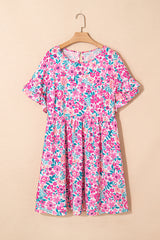 White Plus Size Floral Print Frilled Flare Mini Dress