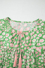 Green Floral Puff Sleeve Tassel Tie Plus Size Blouse