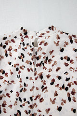Leopard Lantern Sleeve Mock Neck Pleated Blouse