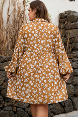 Khaki Daisy Print Puff Sleeve Mini Plus Size Dress
