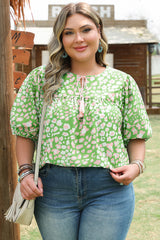 Green Floral Puff Sleeve Tassel Tie Plus Size Blouse