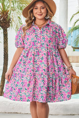 Pink Floral Half Button Puff Sleeve High Waist Plus Size Mini Dress
