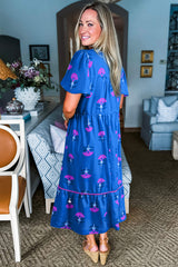 Blue Floral Print Notched Neck Butterfly Sleeve Shift Maxi Dress