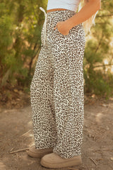 Brown Leopard Print Drawstring Elastic Pants