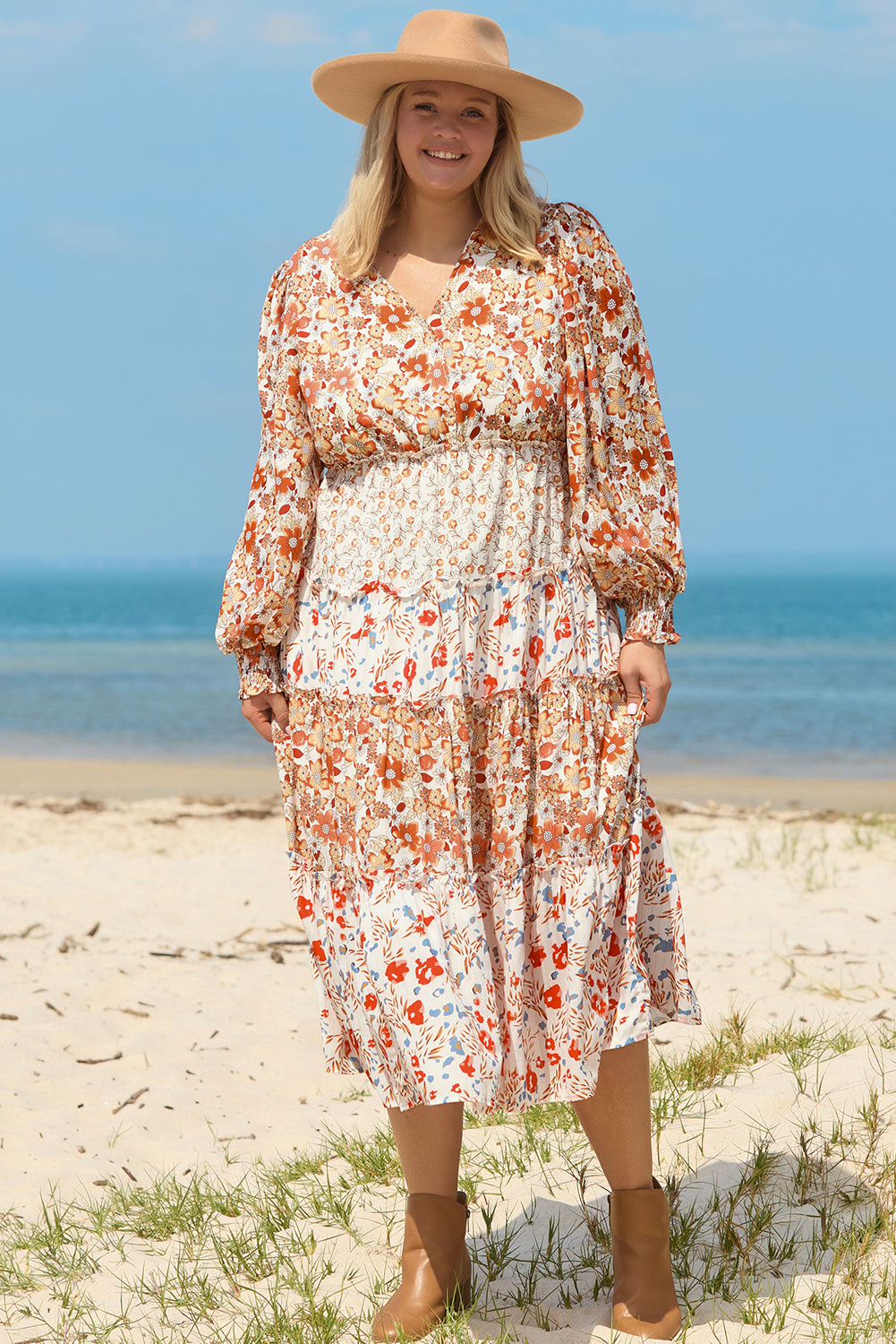 Khaki Floral Tiered Ruffle Plus Size Midi Dress