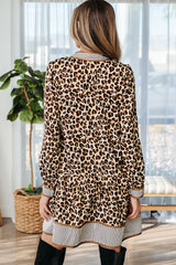 Brown Leopard Print Contrast Striped Long Sleeve Button Mini Dress