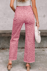 Leopard Frayed Hem Wide-Leg Jeans