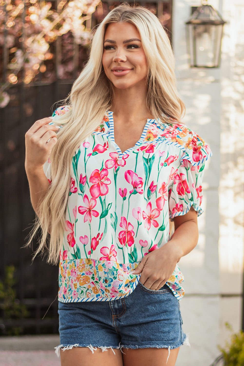 Pink Floral V-Neck Blouse