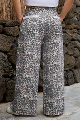 Khaki Leopard Print Raw Edge Patch Pocket Drawstring Plus Size Loose Pants