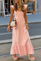 Scoop Neck Flutter Sleeve High Waist Ruffle Maxi Dress