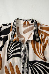 White Abstract Print Contrast Collar Maxi Plus Size Dress
