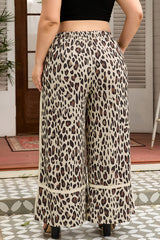 Khaki Exposed Seam Patched Pocket Leopard Wide Leg Plus Size Pants