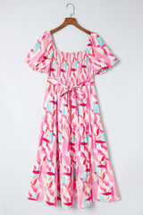 Pink Brush Stroke Printed Smocked Ruffle Tiered Midi Dress