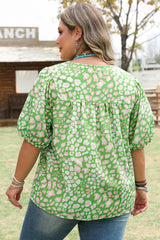 Green Floral Puff Sleeve Tassel Tie Plus Size Blouse