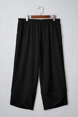 Black Elastic Waist Asymmetrical Hem Capri Plus Size Pants